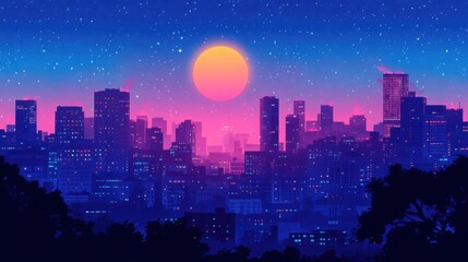 Fototapeta premium A vibrant city skyline at sunset, featuring colorful buildings and a glowing sun amidst a starry sky.
