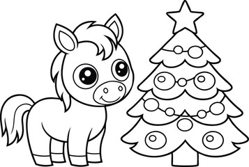 Cartoon Pony with Big Eyes Next to a Decorated Christmas Tree Outline on White