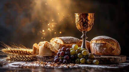 Divine Feast with Chalice, Grapes, Wine and Bread for Holy Week Celebration