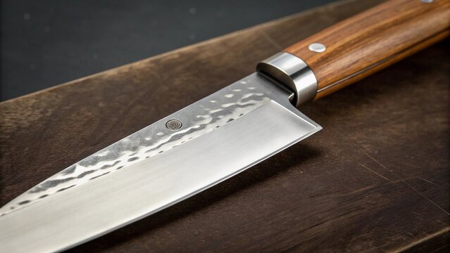 A close-up of a professional chef&rsquo;s knife with a polished silver blade and a wooden handle