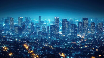 Fototapeta premium A stunning nighttime cityscape showcasing illuminated skyscrapers against a dark sky, capturing the vibrant energy of urban life.