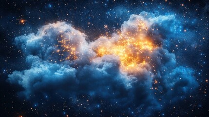 A vibrant cosmic cloud illuminated with fiery bursts, set against a starry backdrop, suggesting a sense of wonder and the mysteries of the universe.