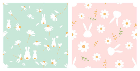 Seamless patterns with bunny rabbit cartoons, tree branches and daisy flower on green and pink backgrounds vector.