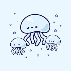 Vector cartoon illustration of sea fish jellyfish sticker set Concept Isolated Flat