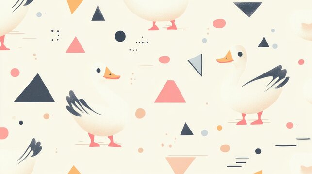 96.A whimsical design with retro ducks in a mix of standing and swimming poses, surrounded by small geometric patterns and pastel-colored details, on a cream background.