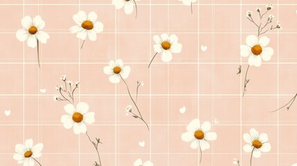 90.A playful design featuring chamomile blossoms and tiny hearts, arranged in a harmonious grid pattern, with a subtle hand-drawn effect on a light pink background.