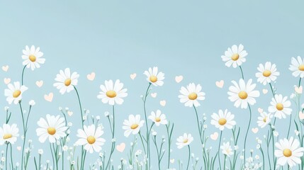 Fototapeta premium 88.A whimsical pattern of chamomile flowers with detailed petals and tiny hearts in alternating pastel shades, forming a seamless vector layout on a light sky-blue background.