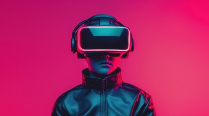 A child immersed in virtual reality with a sleek headset against a vibrant background.