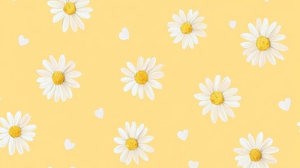 87.A repeating design of charming daisies paired with small scattered hearts, arranged symmetrically on a pastel yellow canvas, creating a cheerful and romantic vibe.