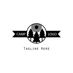 Simple camping logo design with three trees and sun