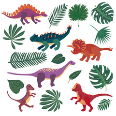 vector drawing set of dinosaurs, fern and palm leaves, cartoon elements isolated at white background, hand drawn illustration