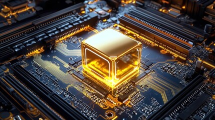 Fototapeta premium Golden CPU on Motherboard, Tech Background - Futuristic Technology