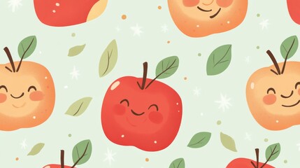 66.A charming and lively pattern of cartoon apples with joyful expressions, mixed with small illustrations of leaves and twinkling stars, placed on a light green pastel canvas.