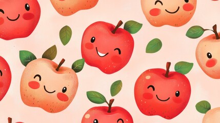 62.A seamless pattern featuring cheerful apple characters with big smiling faces, rosy cheeks, and expressive eyes, hand-drawn in vibrant red and green hues, scattered on a soft pastel pink
