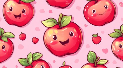 61.Seamless pattern of cute apples smile face sticker background. Cartoon character design. Fruit and vegetable hand drawn. Fresh. Image for card, poster, sticker, print screen. Kawaii. Vector.