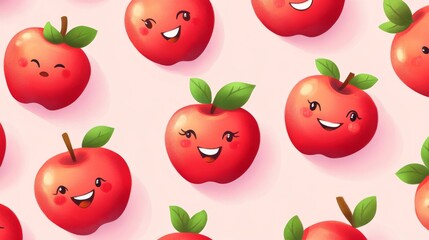 62.A seamless pattern featuring cheerful apple characters with big smiling faces, rosy cheeks, and expressive eyes, hand-drawn in vibrant red and green hues, scattered on a soft pastel pink