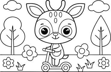 Cartoon Deer Riding Scooter Outlined In Garden With Trees Flowers Clouds
