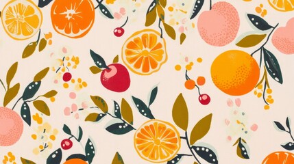 54.A whimsical fruit pattern combining bold colors and soft outlines, featuring oranges, cherries, and peaches alongside tiny blossoms and dots, balanced on a pale pink canvas.