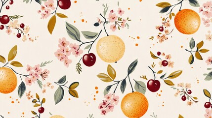 54.A whimsical fruit pattern combining bold colors and soft outlines, featuring oranges, cherries, and peaches alongside tiny blossoms and dots, balanced on a pale pink canvas.