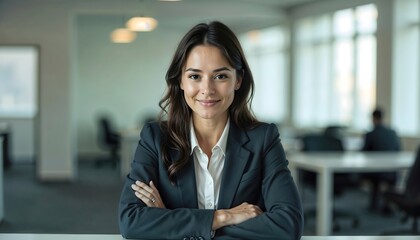 Smiling Young Businesswoman Sitting at a Desk in a Bright and Modern Office Environment. 