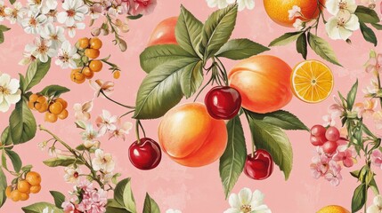 53.A lively seamless design with detailed vector illustrations of fruits like peaches, cherries, and oranges, interspersed with dainty flowers and foliage for a fresh, summery feel on pink.
