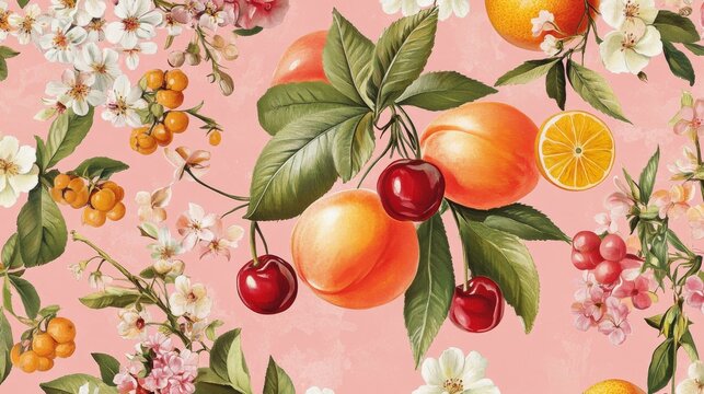53.A lively seamless design with detailed vector illustrations of fruits like peaches, cherries, and oranges, interspersed with dainty flowers and foliage for a fresh, summery feel on pink.