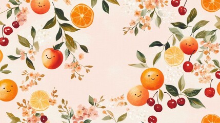 50.A seamless pattern featuring vibrant oranges, peaches, and cherries with tiny smiling faces, mixed with delicate hand-drawn flowers and leaves, set on a soft pink background.
