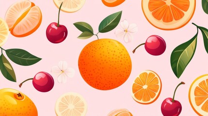 49.Seamless pattern with orange, peach, cherry, and cute flower on pink backgrounds vector. Cute fruit print