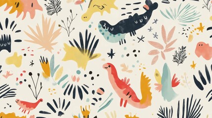 39.A playful repeating design of colorful dinosaurs with smiling faces, surrounded by hand-drawn abstract elements such as leaves, stars, and geometric shapes, set against a soft beige background.