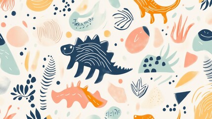 38.A seamless pattern of hand-drawn dinosaurs, including stegosaurus, T-rex, and triceratops, in vibrant pastel colors, mixed with abstract shapes like triangles, swirls, and dots on a white