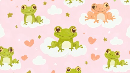 35.A whimsical seamless pattern with cheerful frogs in varied positions, framed by soft cloud-like shapes, tiny hearts, and stars, rendered in a charming cartoon vector style.