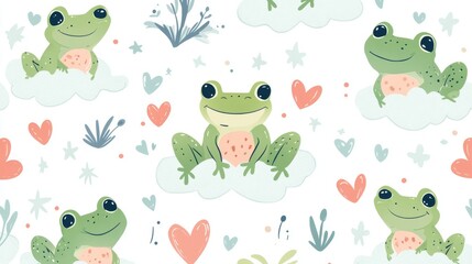 35.A whimsical seamless pattern with cheerful frogs in varied positions, framed by soft cloud-like shapes, tiny hearts, and stars, rendered in a charming cartoon vector style.