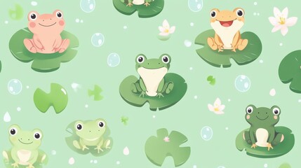 Obraz premium 33.A repeating design showcasing kawaii-style frogs sitting, jumping, and smiling, surrounded by small lily pads, water droplets, and bubbles on a pastel green background.