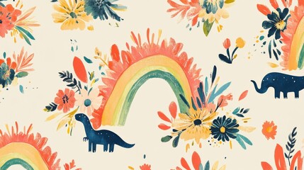 24.A trendy design of hand-drawn dinosaurs with whimsical floral accents and bold rainbows, placed in a repeating vector pattern for baby and kid products, set against a light yellow background.