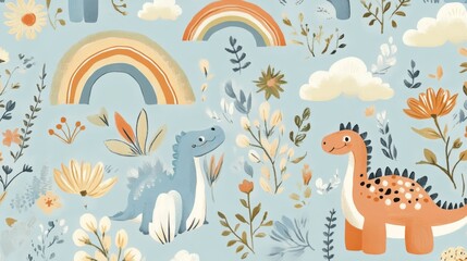 Obraz premium 23.A lively seamless pattern showcasing playful dinosaurs, blooming flowers, and colorful rainbows, arranged harmoniously with a doodle-like aesthetic on a soft blue background.