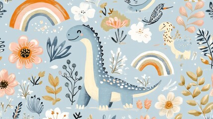 Obraz premium 23.A lively seamless pattern showcasing playful dinosaurs, blooming flowers, and colorful rainbows, arranged harmoniously with a doodle-like aesthetic on a soft blue background.