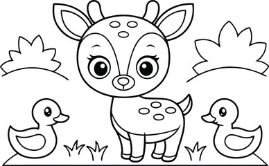 Outlined Baby Deer with Ducks on Grass with Transparent Background