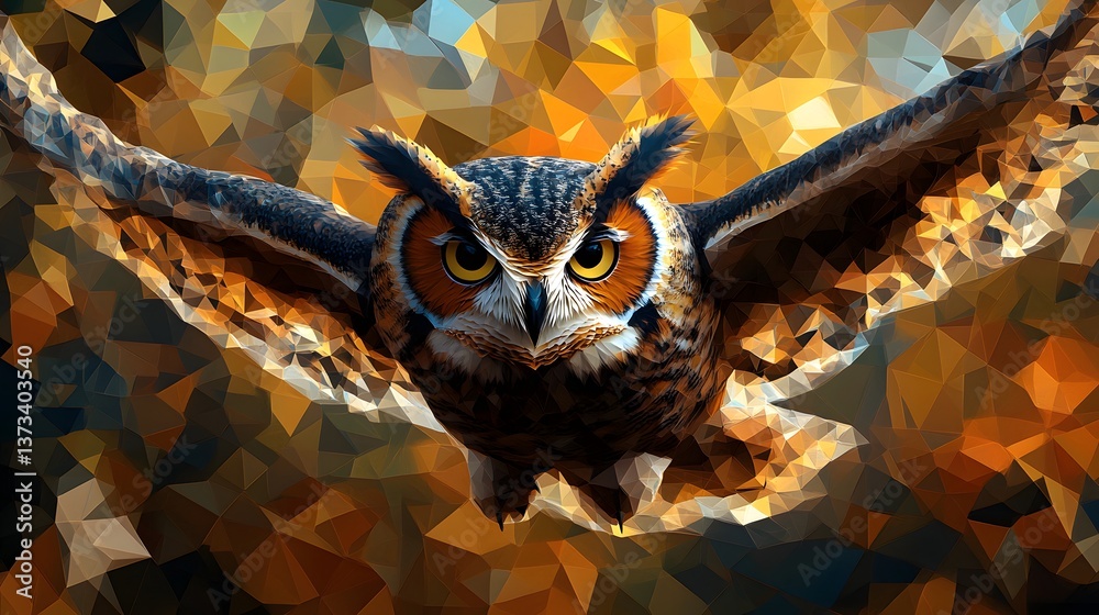 Poster dynamic owl in flight captured in a minimalist abstract polygon design with artistic expression and 