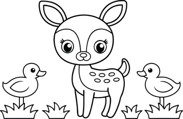 Outlined Cartoon Fawn with Ducks in Grass on Transparent Background