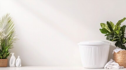 White Laundry Basket  Plants  Clean Bathroom  Minimalist Home Decor