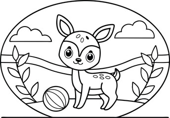 Adorable Cartoon Deer with Landscape Elements in Oval Line Art Style