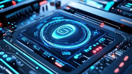 Obraz premium Futuristic Tech UI: Cyber Security Shield - Cybersecurity and data .