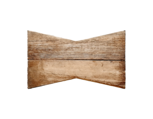 A wooden sign with a bow shape. The sign is brown and has a rustic feel. It could be used for a variety of purposes, such as a decorative piece or a functional item like a signpost