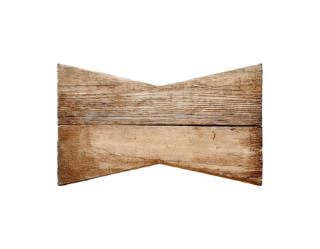 A wooden sign with a bow shape. The sign is brown and has a rustic feel. It could be used for a variety of purposes, such as a decorative piece or a functional item like a signpost