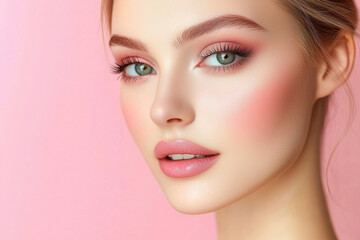 Fototapeta premium A close-up portrait of a young woman with striking green eyes and soft pink makeup against a pastel pink background.