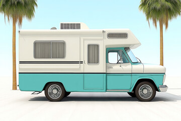 A vintage camper van in aqua and white, parked under palm trees, evokes a sense of adventure and leisure in a sunny environment.