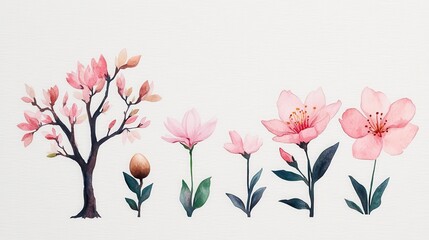 Pink Watercolor Flowers & Magnolia Tree - Watercolor illustrations