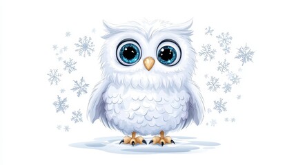 Fototapeta premium Cute White Owl with Snowflakes