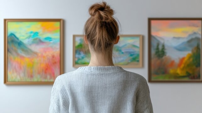 A person stands in an art gallery, admiring vibrant landscape paintings that showcase serene natural scenes and rich colors on display