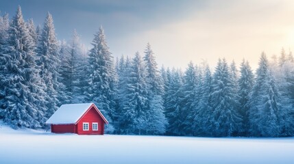 A red cabin stands in a snowy landscape surrounded by tall evergreen trees under a pale morning sky. The winter scene exudes tranquility